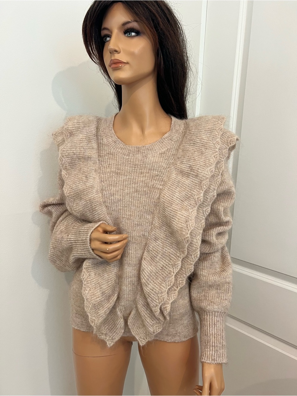 Cozy Ruffle-Detail Crewneck Sweater - Beige